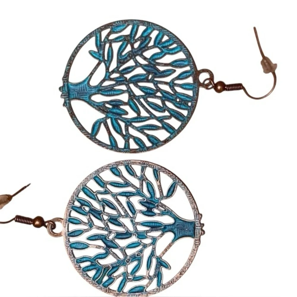 FOLK ART INSPIRED EARRINGS Tree of Life Copper Turquoise Colored Round Design